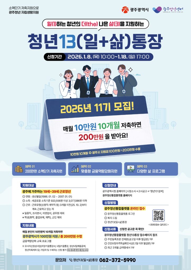 광주 청년13통장 11기 모집…100만원 저축 시 200만원 수령
